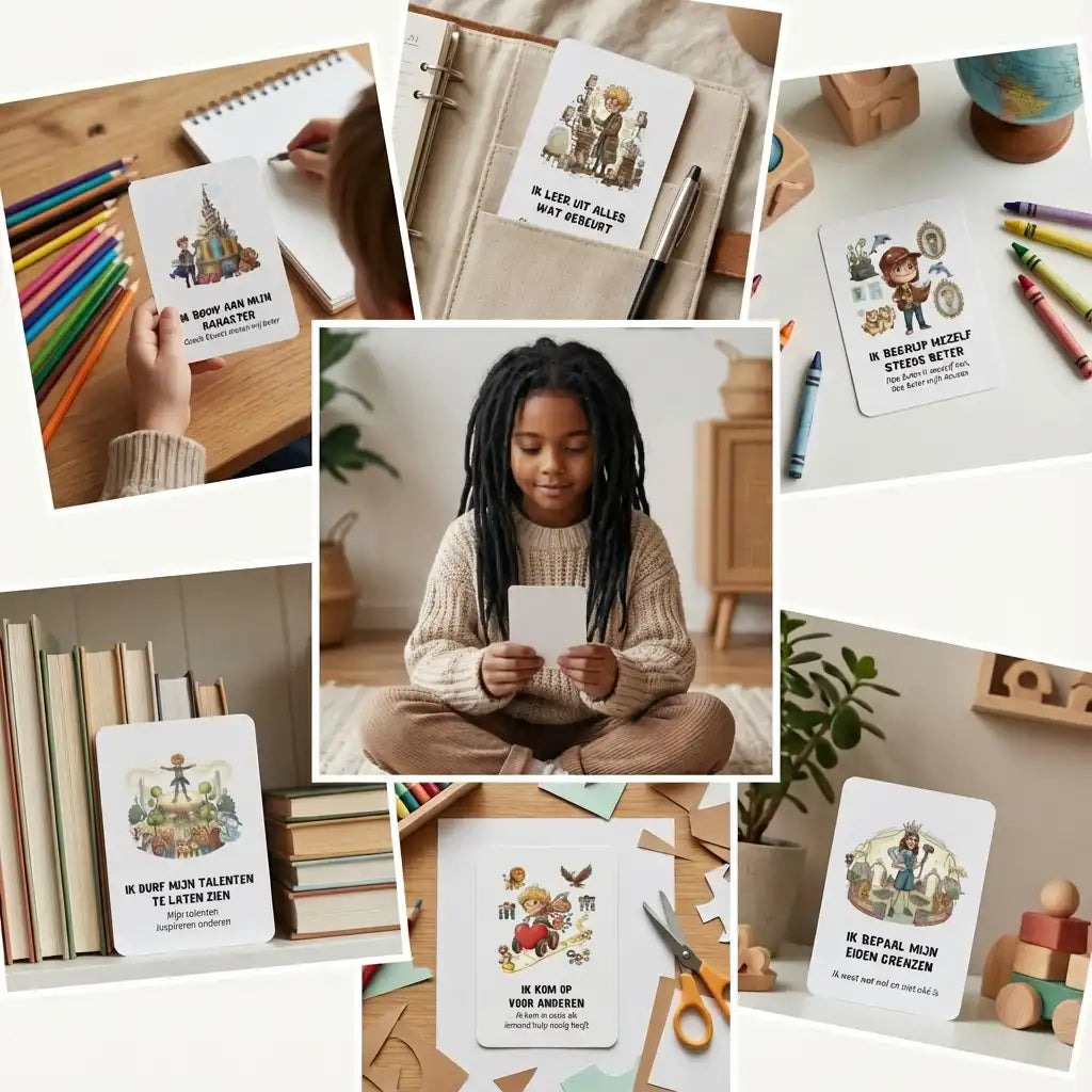 Speelse collage van A7 whimsical affirmatiekaarten met subtekst voor schoolkinderen, met één 9-jarig kind dat een kaart bekijkt en kaarten die natuurlijk geïntegreerd zijn in een kinderlijke leeromgeving