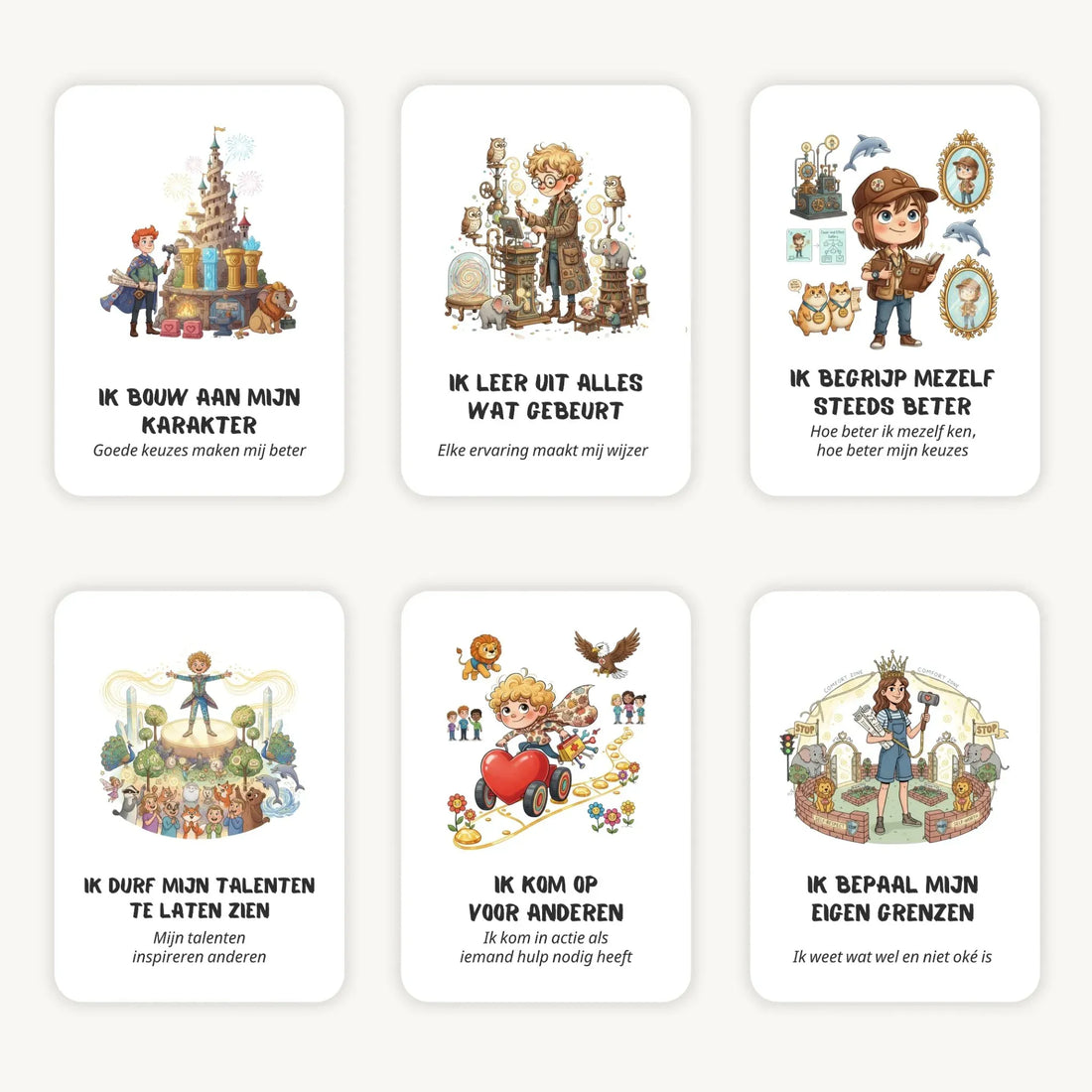 Flatlay van 6 A7 whimsical affirmatiekaarten met subtekst op lichte achtergrond, overzichtelijk neergelegd