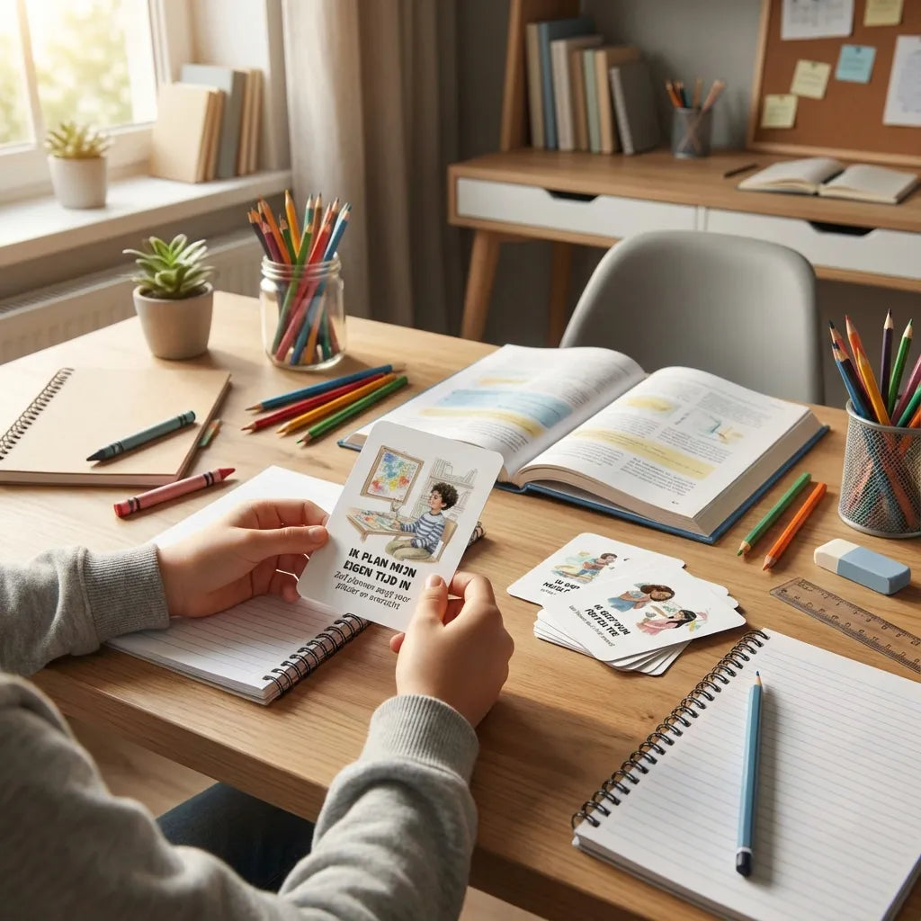 9-jarig schoolkind houdt A7 aquarel affirmatiekaart met subtekst in hand, kaart zichtbaar