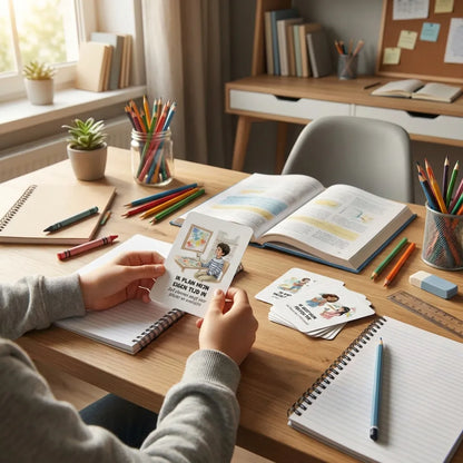 9-jarig schoolkind houdt A7 aquarel affirmatiekaart met subtekst in hand, kaart zichtbaar
