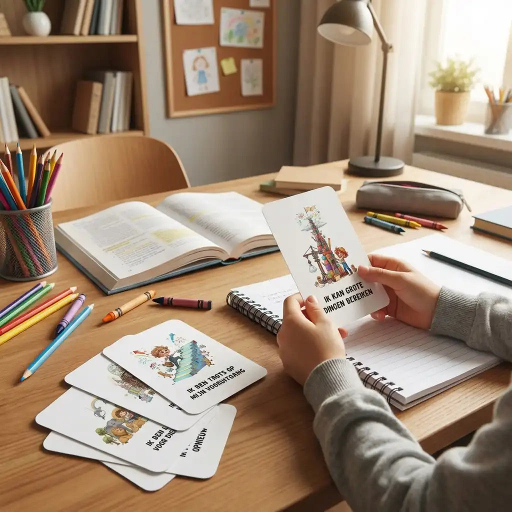 9-jarig schoolkind houdt A7 whimsical affirmatiekaart in hand, kaart zichtbaar