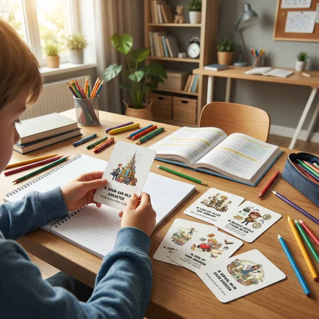 9-jarig schoolkind houdt A7 whimsical affirmatiekaart met subtekst in hand, kaart zichtbaar