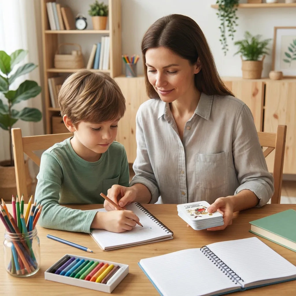 Schoolkind en ouder samen gebruikend A7 whimsical affirmatiekaarten met subtekst, ondersteunende omgeving