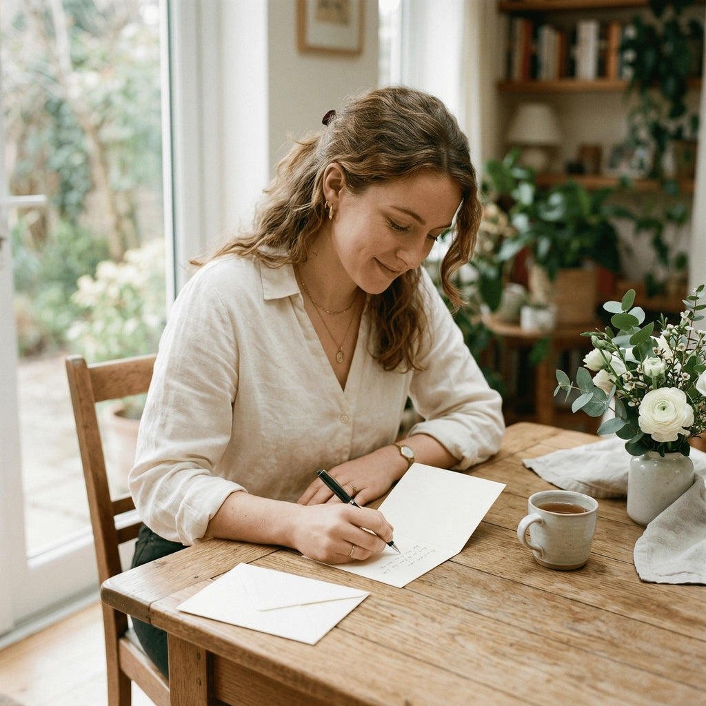 Vrouw die een persoonlijke boodschap schrijft op een kaart.