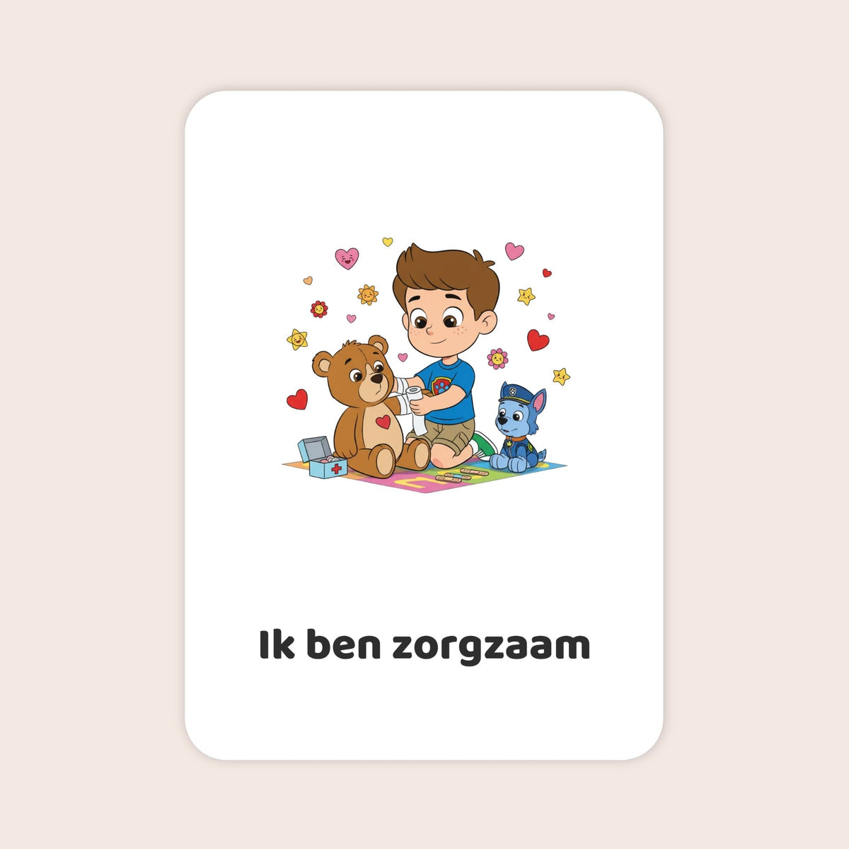 Affirmatiekaart in cartoonstijl uit de set Spelend begin voor peuters met de tekst: ‘Ik ben zorgzaam’