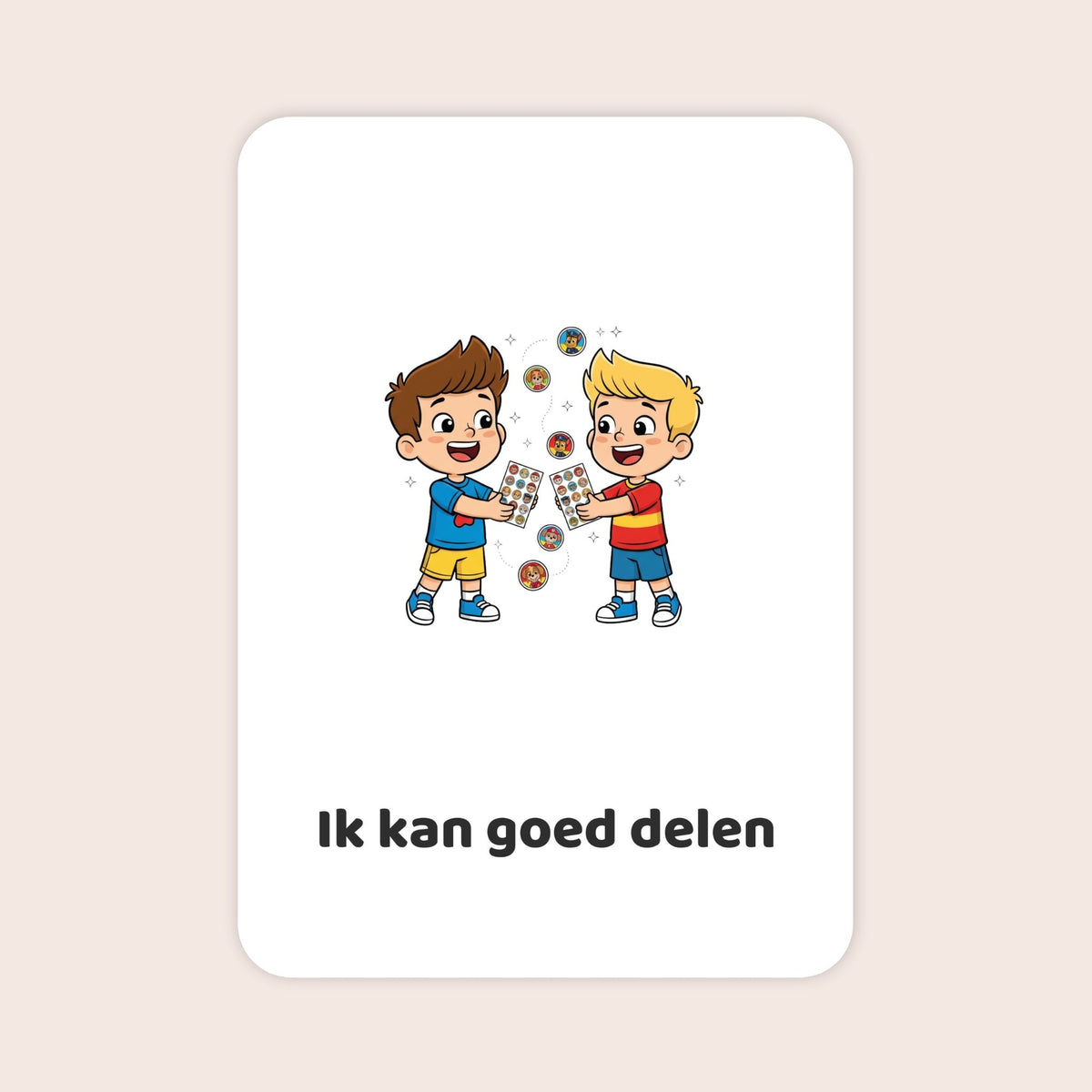 Affirmatiekaart in cartoonstijl uit de set Spelend begin voor peuters met de tekst: ‘Ik kan goed delen’