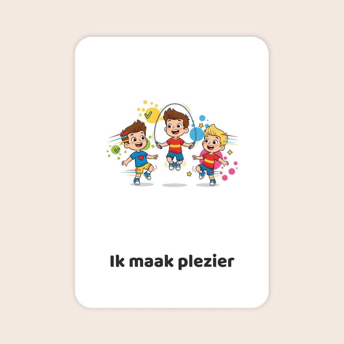 Affirmatiekaart in cartoonstijl uit de set Spelend begin voor peuters met de tekst: ‘Ik maak plezier’