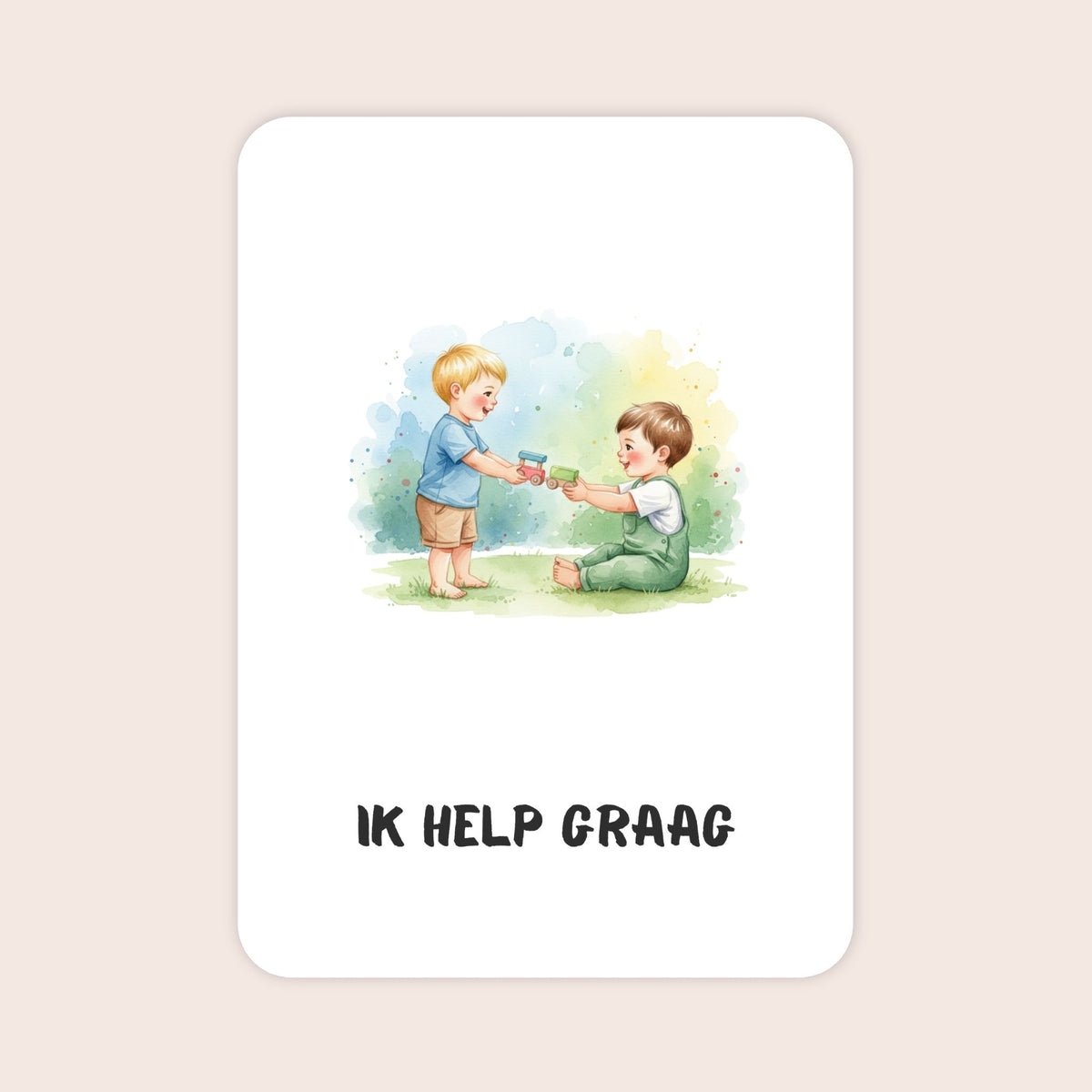 Affirmatiekaart voor jongens uit de set Spelend begin voor peuters met de tekst: ‘Ik help graag’