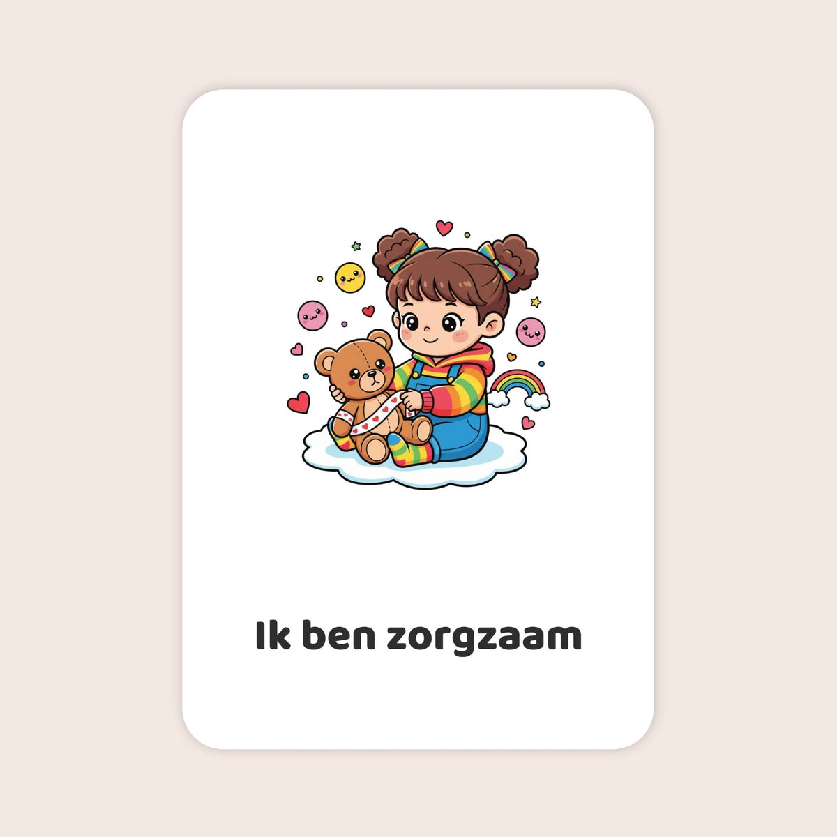 Affirmatiekaart in kawaii-stijl uit de set Spelend begin voor peuters met de tekst: ‘Ik ben zorgzaam’