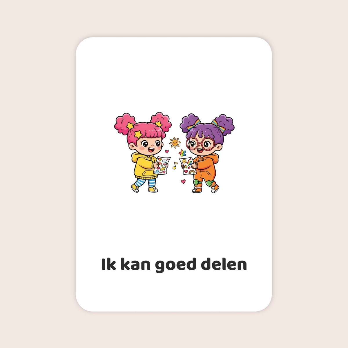 Affirmatiekaart in kawaii-stijl uit de set Spelend begin voor peuters met de tekst: ‘Ik kan goed delen’