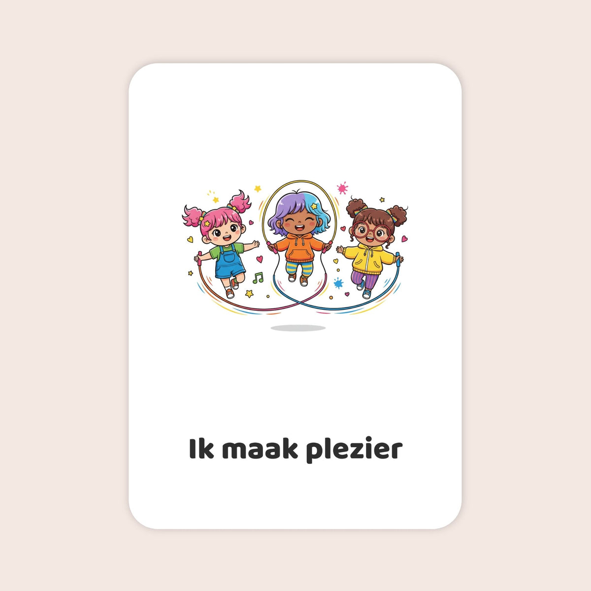 Affirmatiekaart in kawaii-stijl uit de set Spelend begin voor peuters met de tekst: ‘Ik maak plezier’