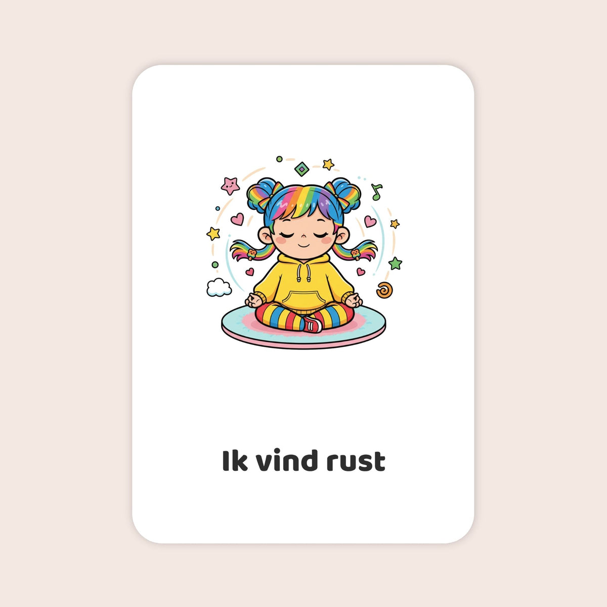 Affirmatiekaart in kawaii-stijl uit de set Spelend begin voor peuters met de tekst: ‘Ik vind rust’