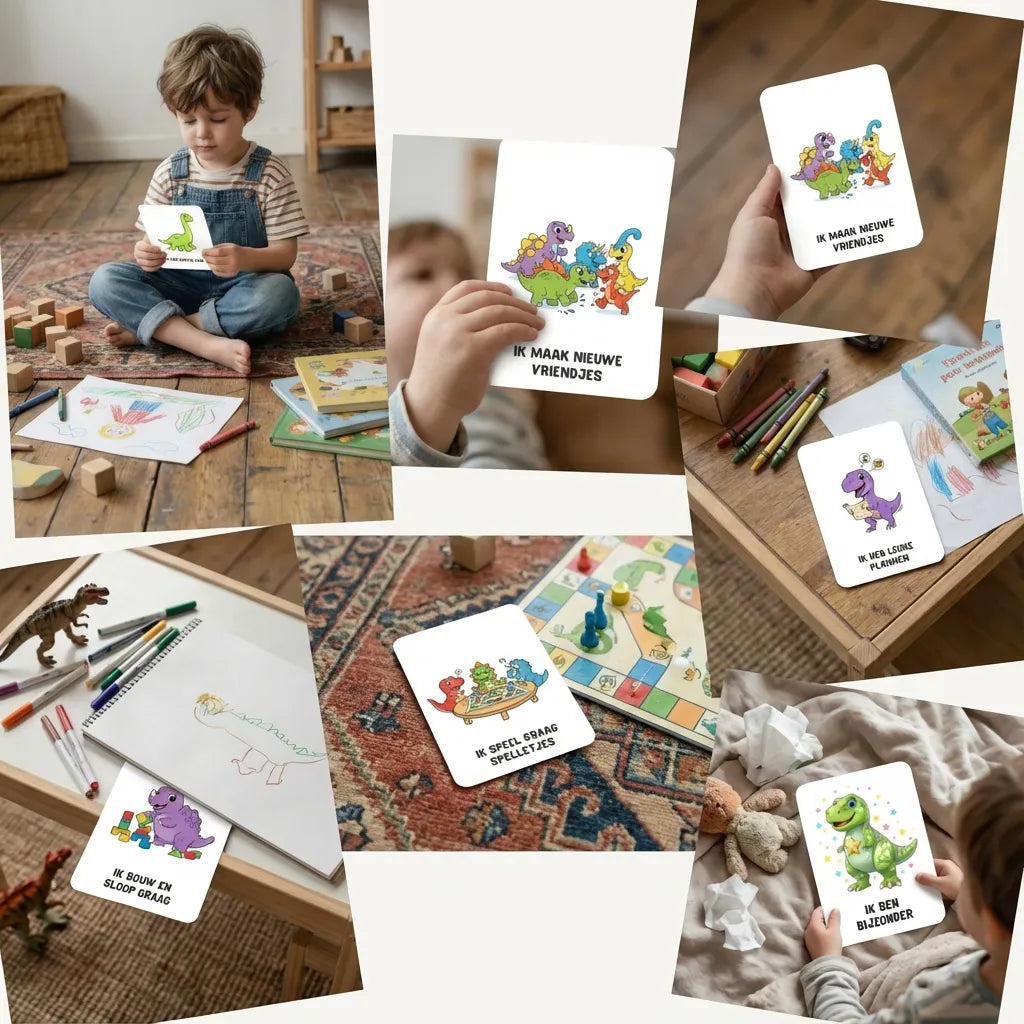 Speelse collage van A7 stoere affirmatiekaarten voor kleuters met dinosaurussen, gericht op zelfvertrouwen