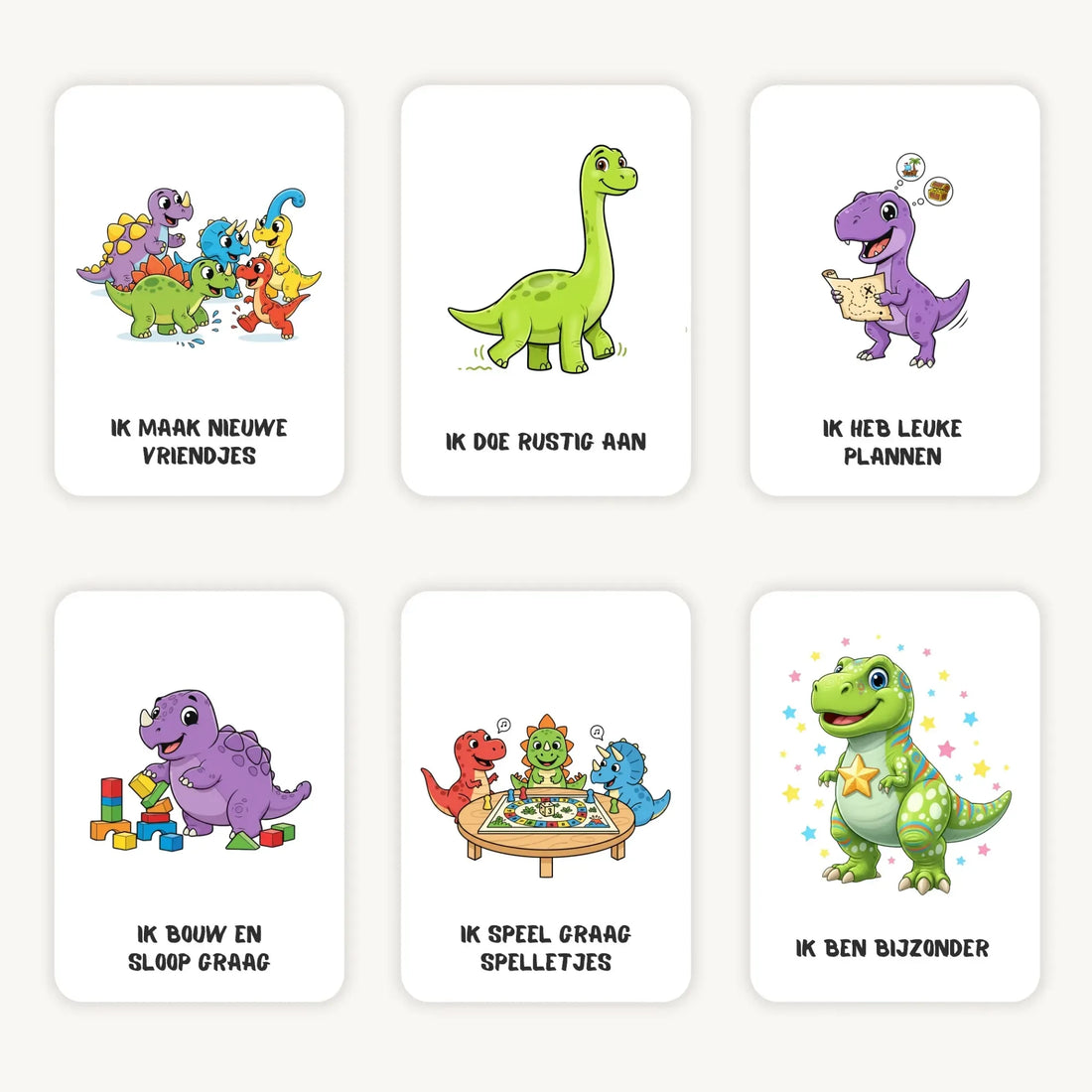 Flatlay van zes A7 stoere affirmatiekaarten voor kleuters met dinosaurussen op een lichte achtergrond