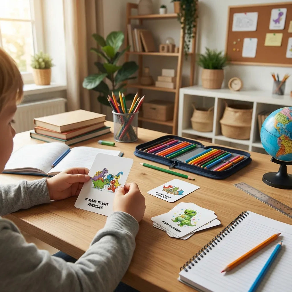 Kleuter van vijf jaar gebruikt een A7 stoere affirmatiekaart met dinosaurus voor zelfvertrouwen tijdens een speelmoment