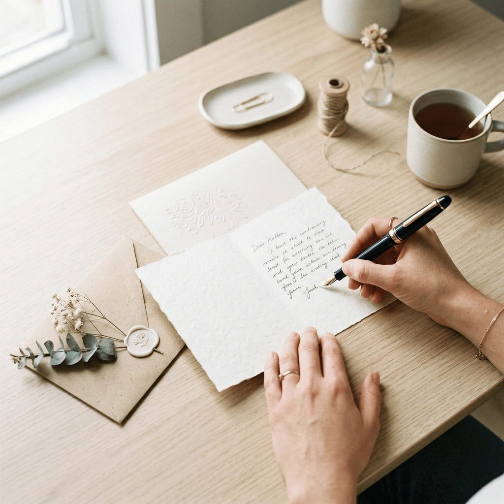 Hand die een persoonlijke boodschap schrijft in een wenskaart naast een kraft envelop op een stijlvolle, lichte tafel.