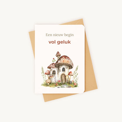 Verhuiskaart aquarel paddenstoel met kraft envelop