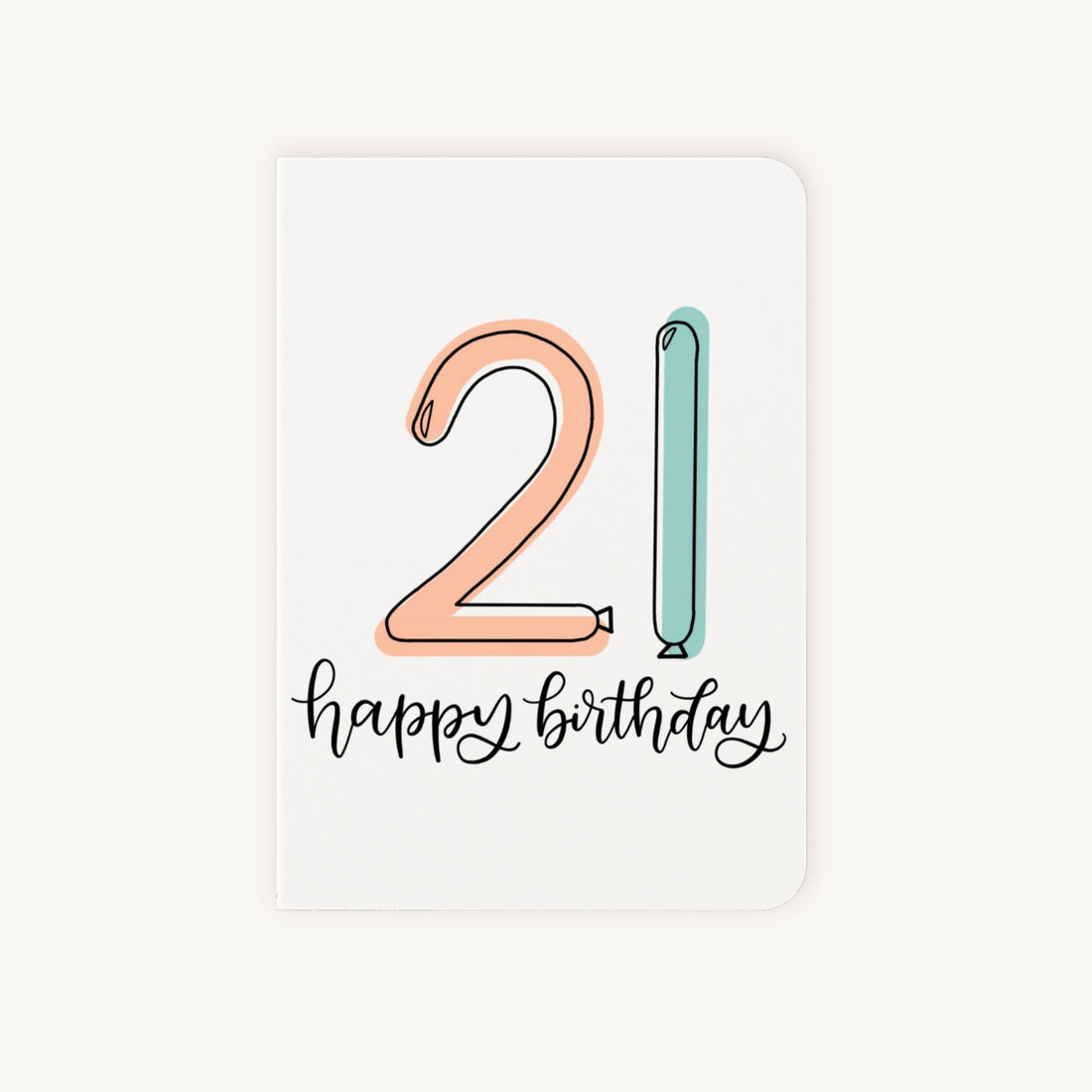 Verjaardagskaart 21 voorkant met grote kleurrijke cijfers en Happy Birthday tekst