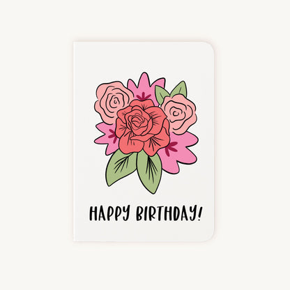 Verjaardagskaart bloemen voorkant met Happy Birthday tekst en kleurrijke bloemenprint