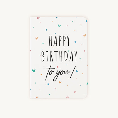 Voorkant verjaardagskaart hartjespatroon met Happy Birthday tekst