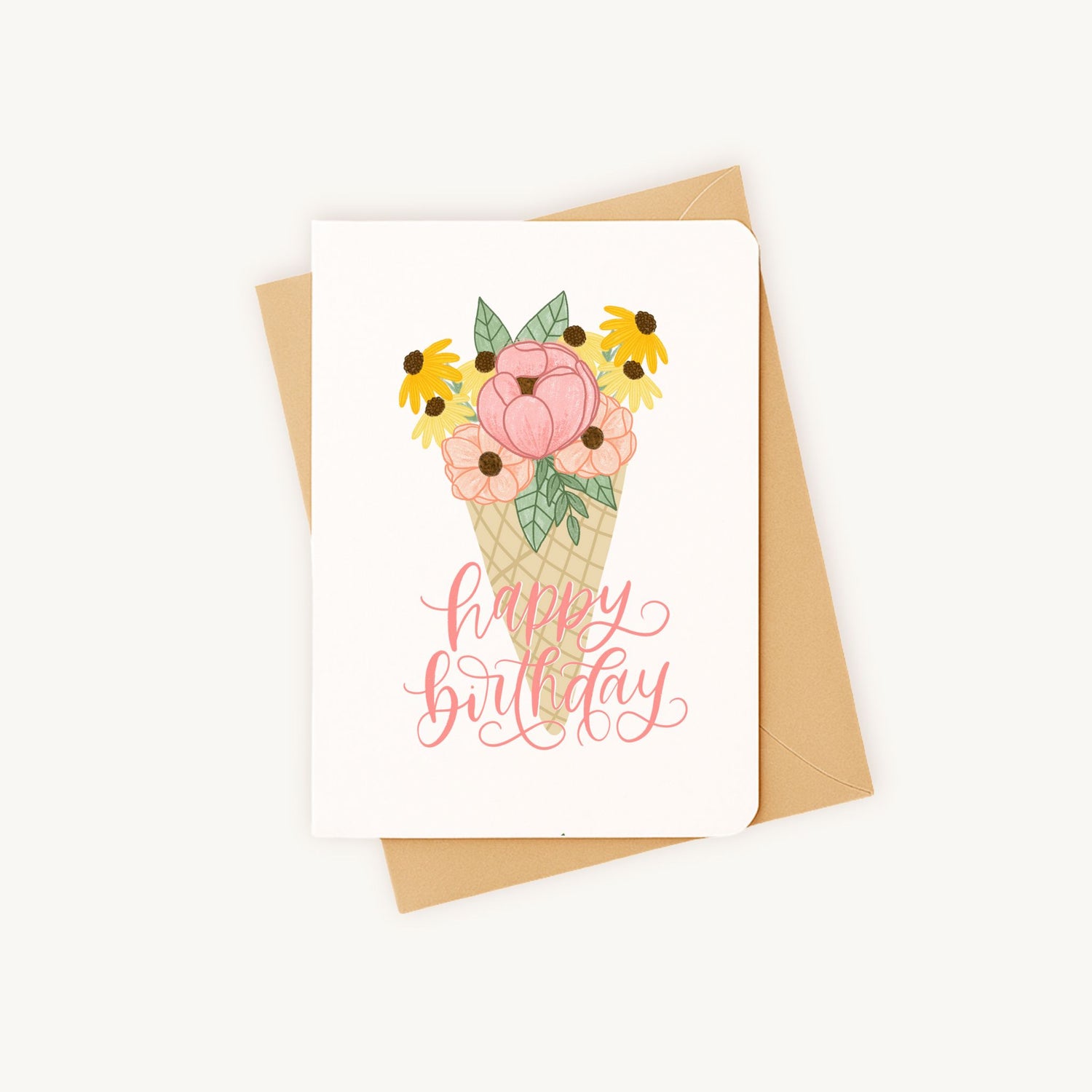 Verjaardagskaart ijshoorntje liggend met kraft envelop afgeronde hoekjes