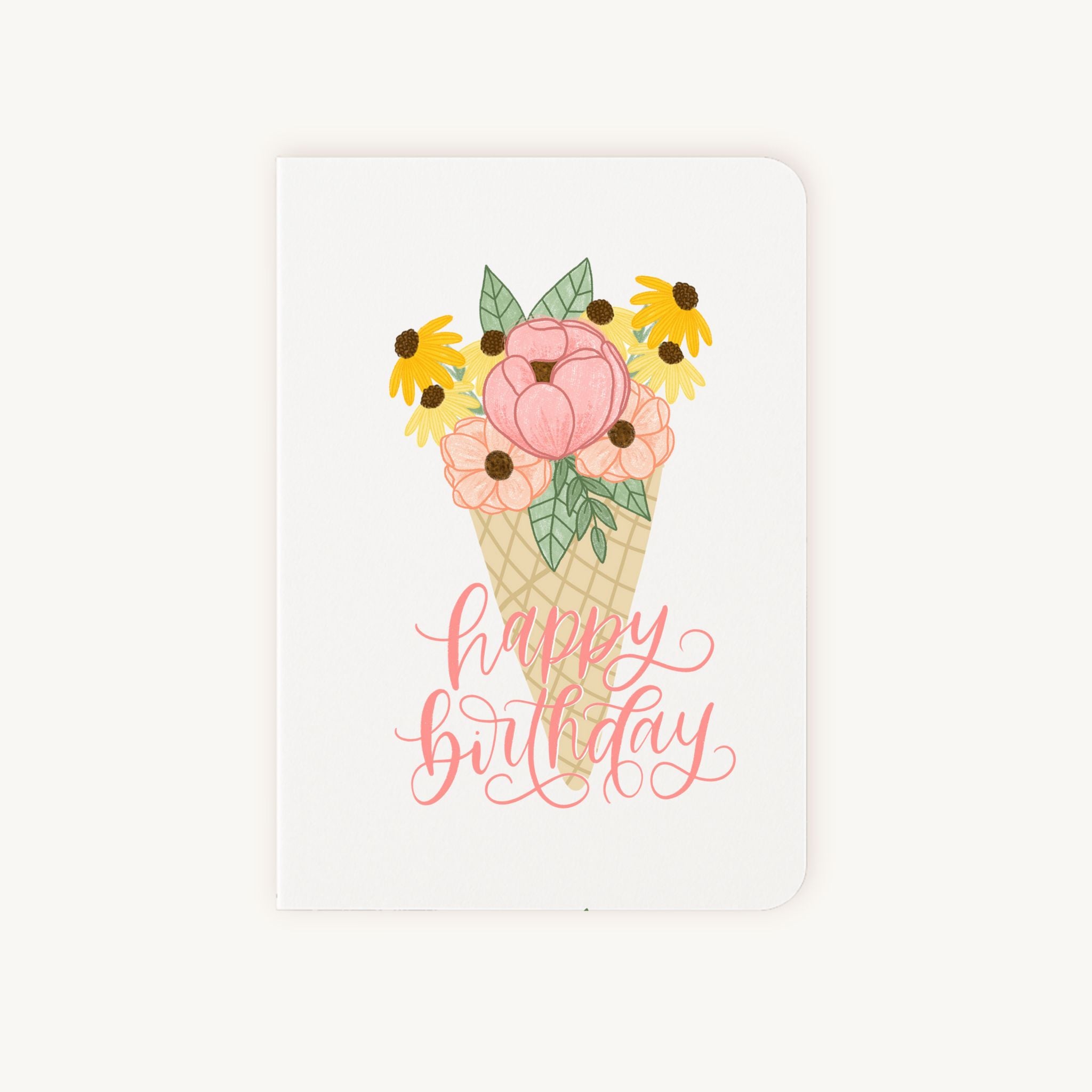 Verjaardagskaart ijshoorntje voorkant met gekleurde bloemen en happy birthday tekst