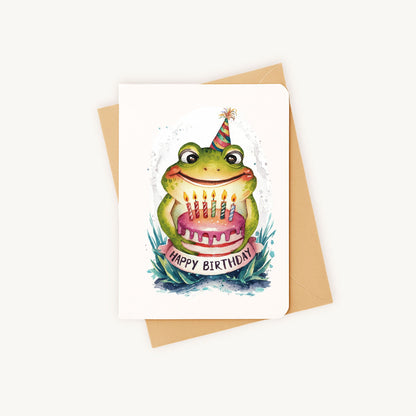  Liggende verjaardagskaart kikker met feesthoedje, samen met kraft envelop.