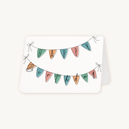 Verjaardagskaart kleurrijke banners half geopend met witte binnenkant