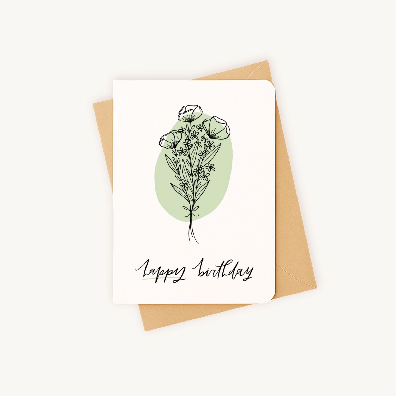 Verjaardagskaart line art bloemen liggend met kraft envelop natuurlijke uitstraling