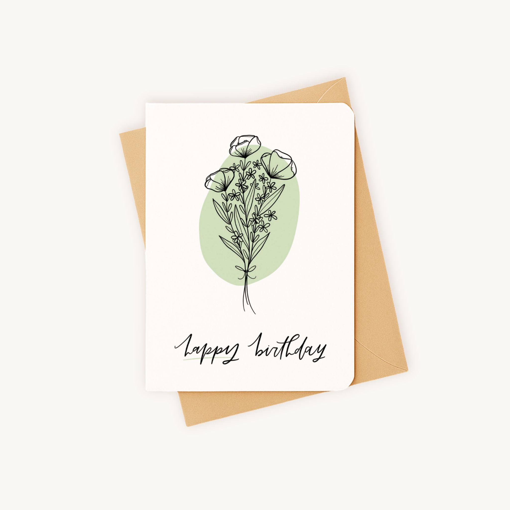 Verjaardagskaart line art bloemen liggend met kraft envelop natuurlijke uitstraling