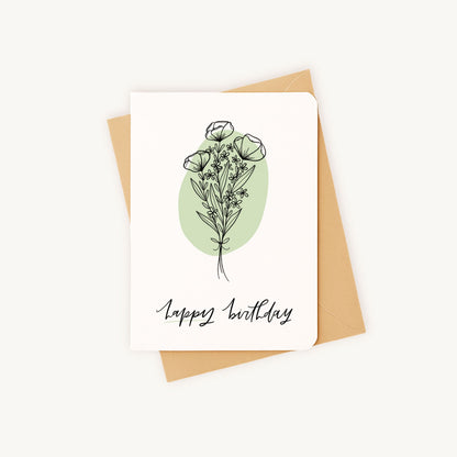 Verjaardagskaart line art bloemen liggend met kraft envelop natuurlijke uitstraling