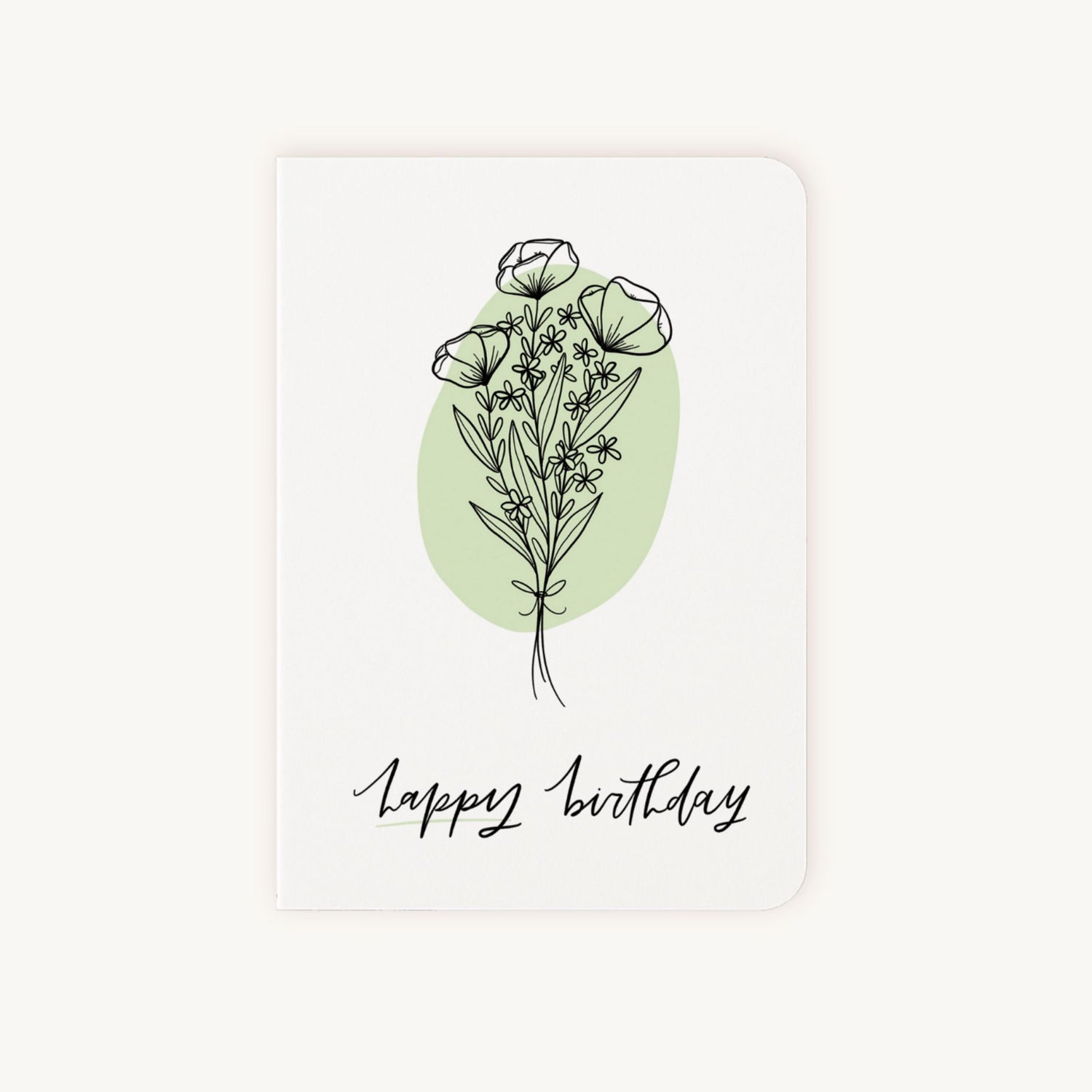 Verjaardagskaart line art bloemen voorkant zwart groene accenten Happy Birthday tekst
