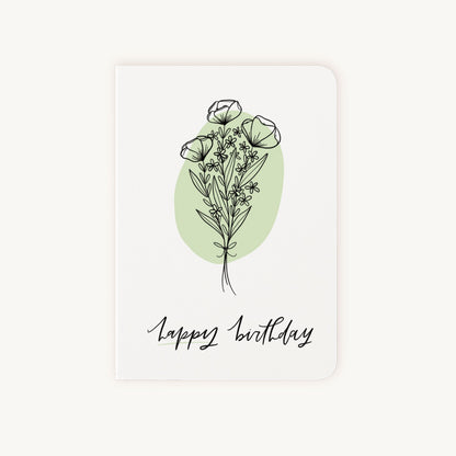 Verjaardagskaart line art bloemen voorkant zwart groene accenten Happy Birthday tekst