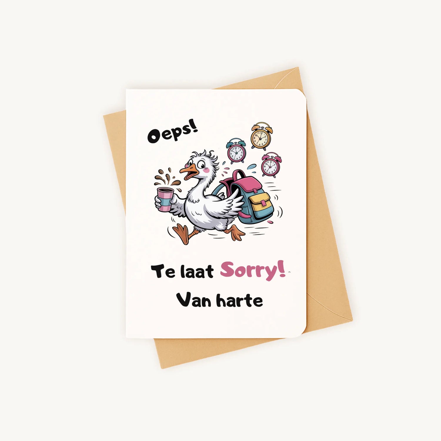 Staande verjaardagskaart met gansillustratie en kleurrijke elementen op kraftenvelop.