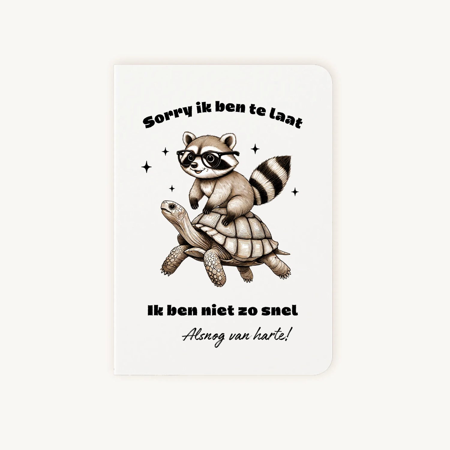 Staande dubbelgevouwen verjaardagskaart met wasbeer op een schildpad en tekst ‘Sorry ik ben te laat – Ik ben niet zo snel – Alsnog gefeliciteerd’, flatlay op lichte achtergrond.