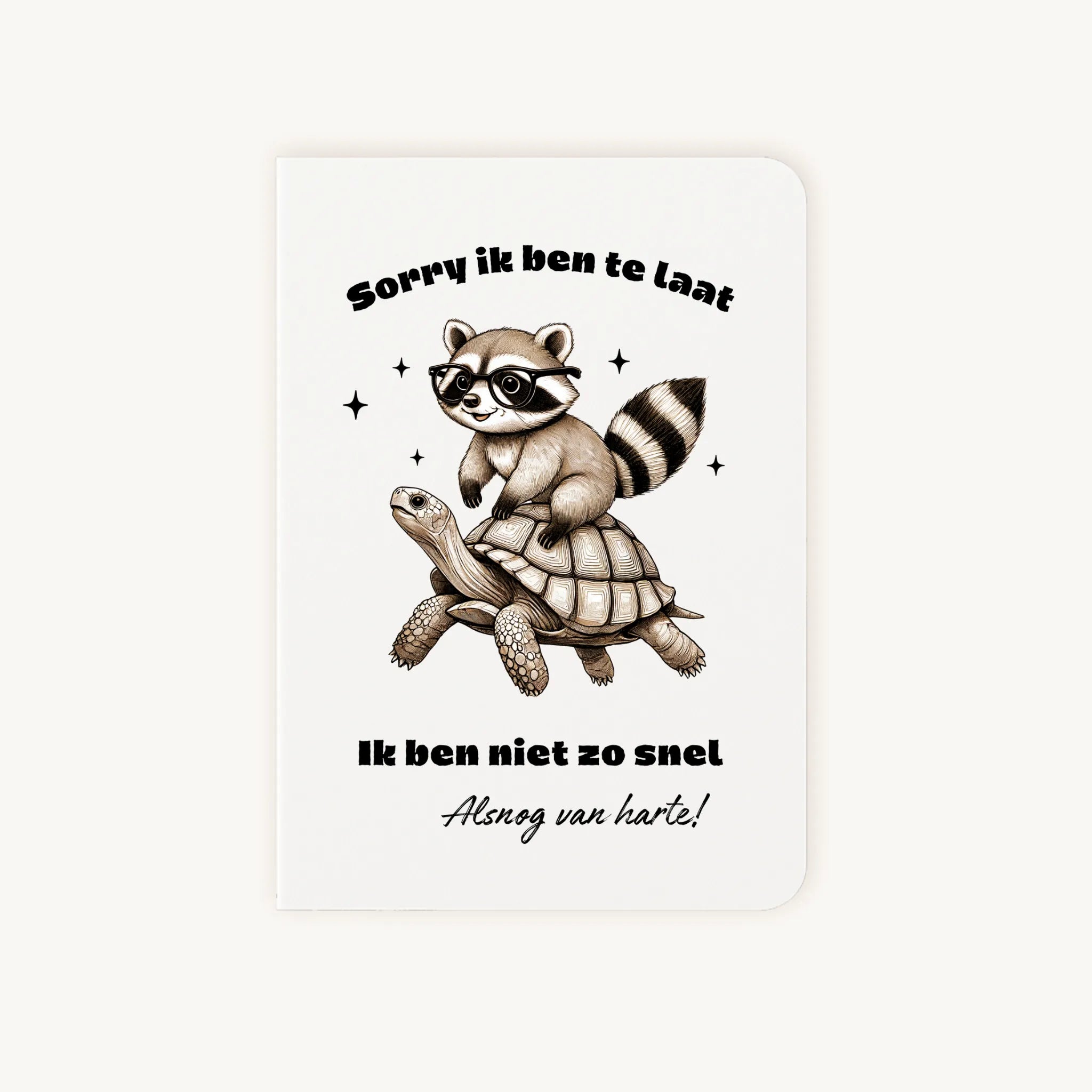 Staande dubbelgevouwen verjaardagskaart met wasbeer op een schildpad en tekst ‘Sorry ik ben te laat – Ik ben niet zo snel – Alsnog gefeliciteerd’, flatlay op lichte achtergrond.