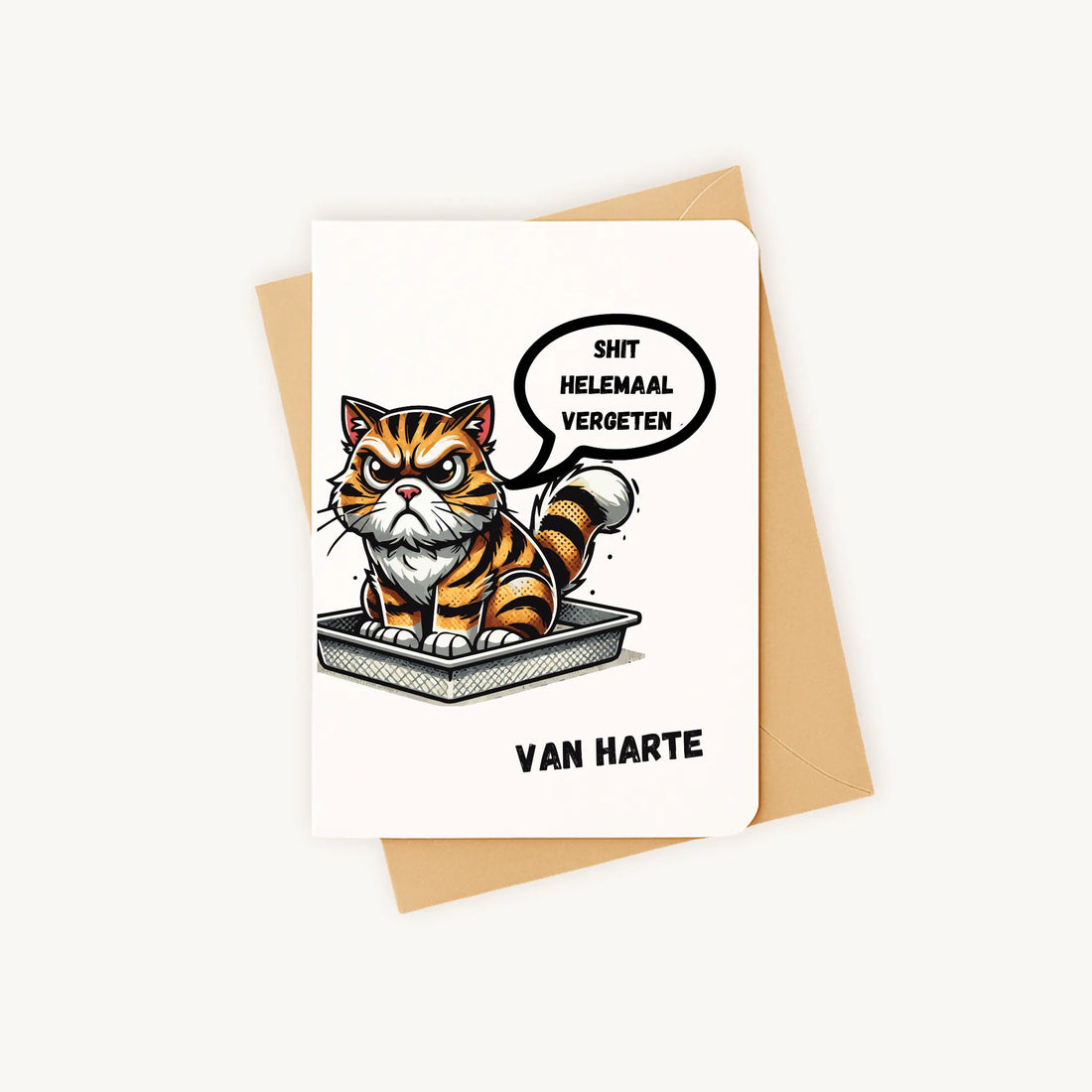 Staande verjaardagskaart met tijgerkatillustratie op kraftenvelop.