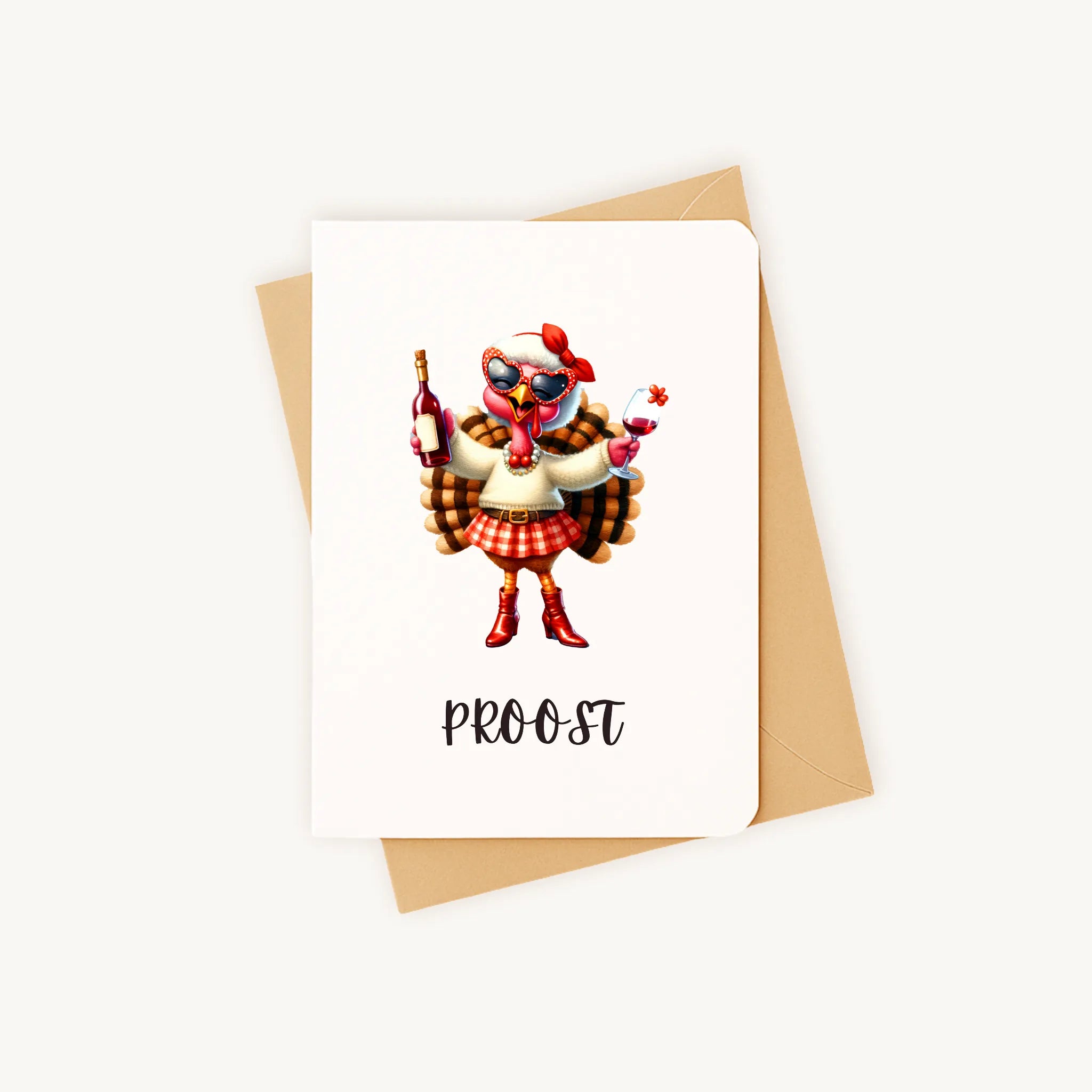 Staande verjaardagskaart met kalkoenillustratie op kraftenvelop.