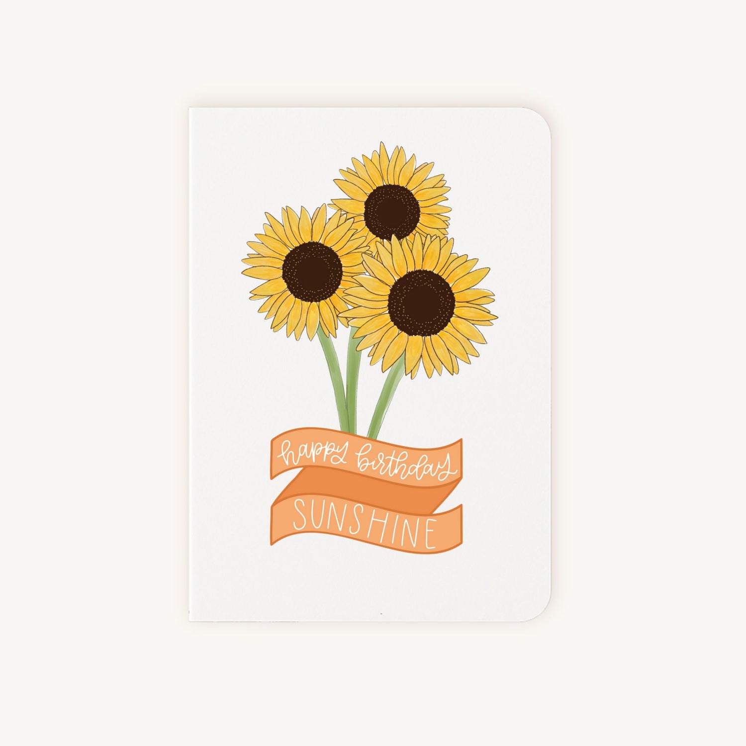 Verjaardagskaart zonnebloemen voorkant met drie bloemen en happy birthday sunshine tekst