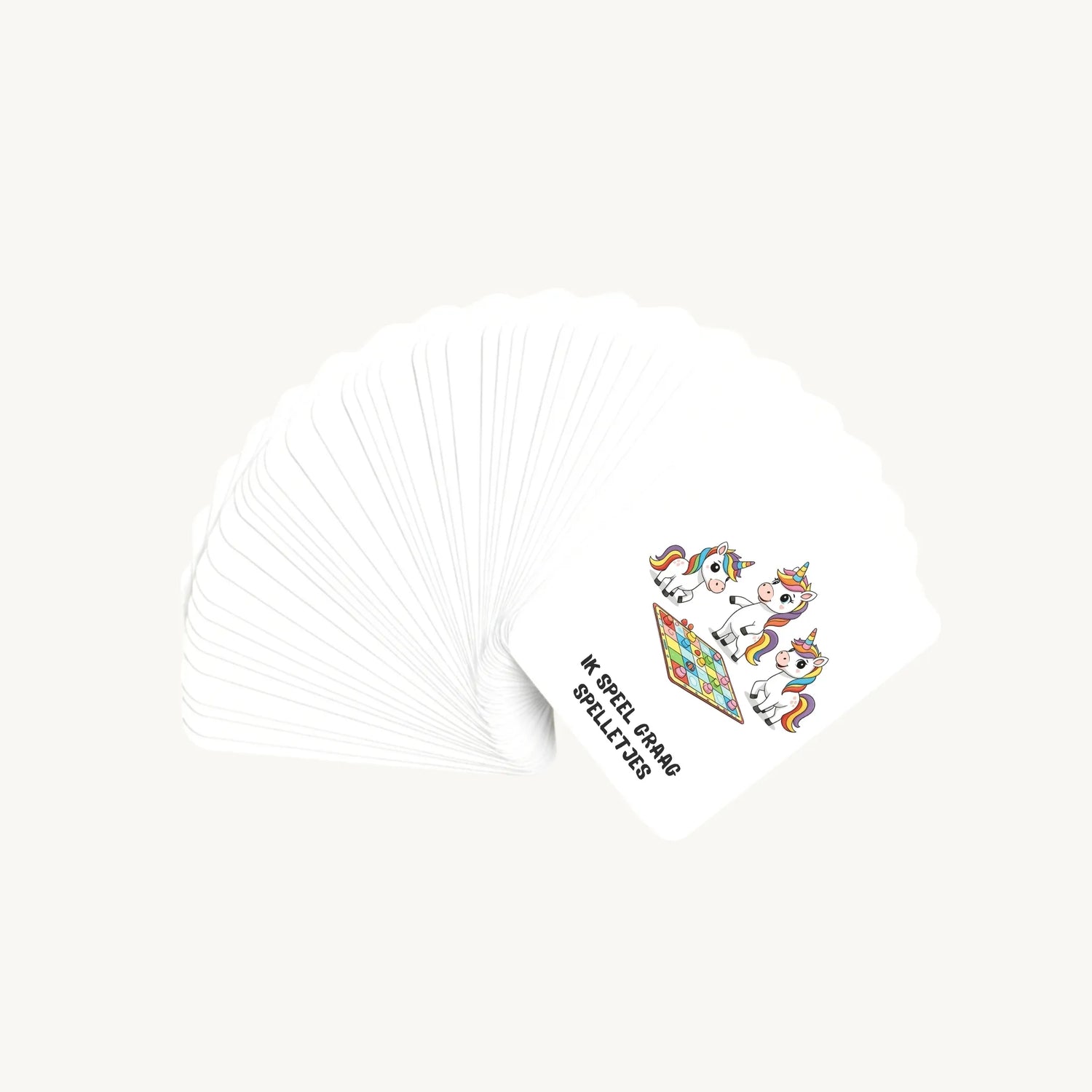 Waaier van 30 cartoonkaarten met unicorns voor kleuters, waarbij alleen de bovenste illustratie zichtbaar is, in vrolijke pastelkleuren en meisjesachtige stijl.