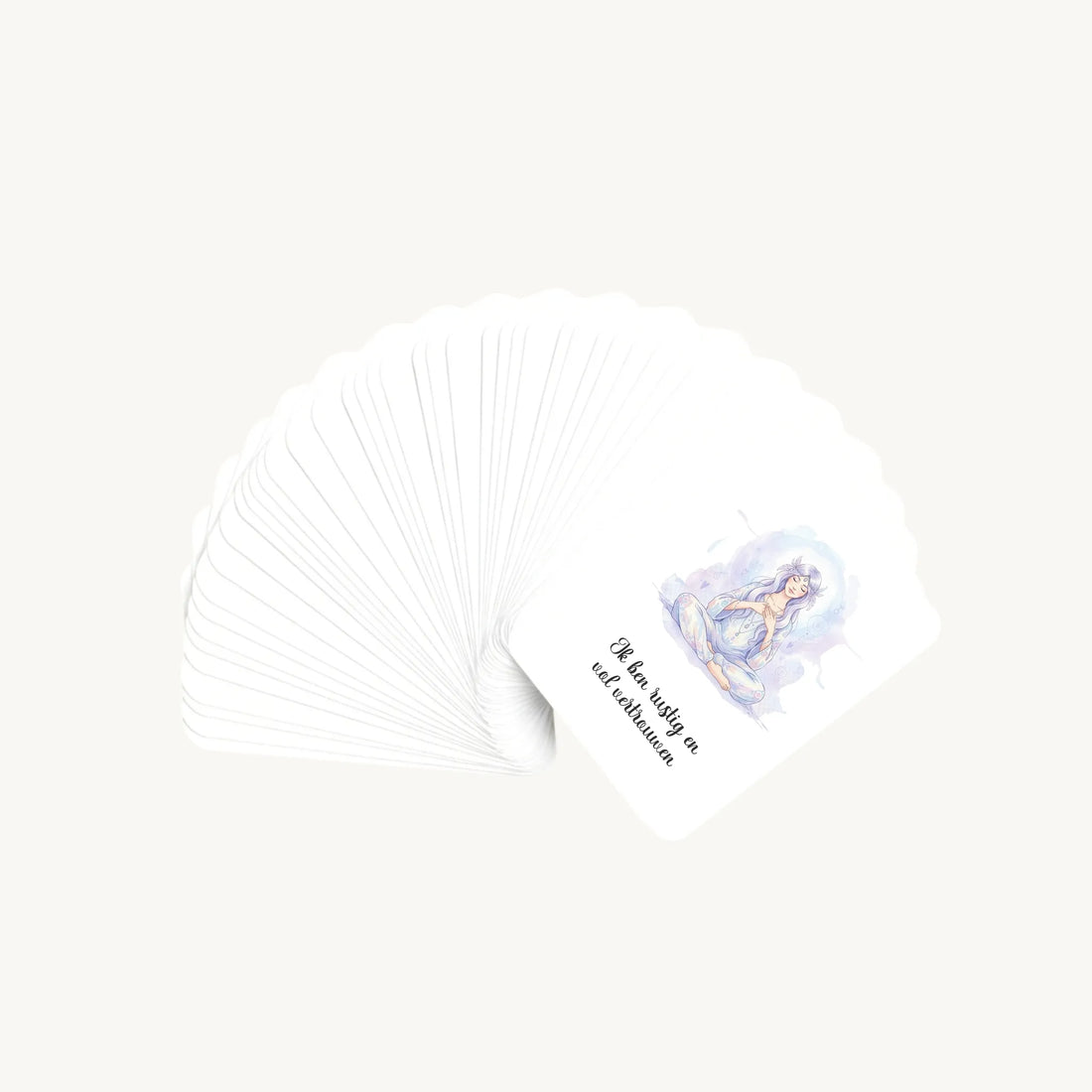Waaier van 30 dreamy boho aquarelkaarten met korte affirmaties over bevalling, waarbij alleen de bovenste illustratie zichtbaar is, in een rustgevende en verfijnde stijl.