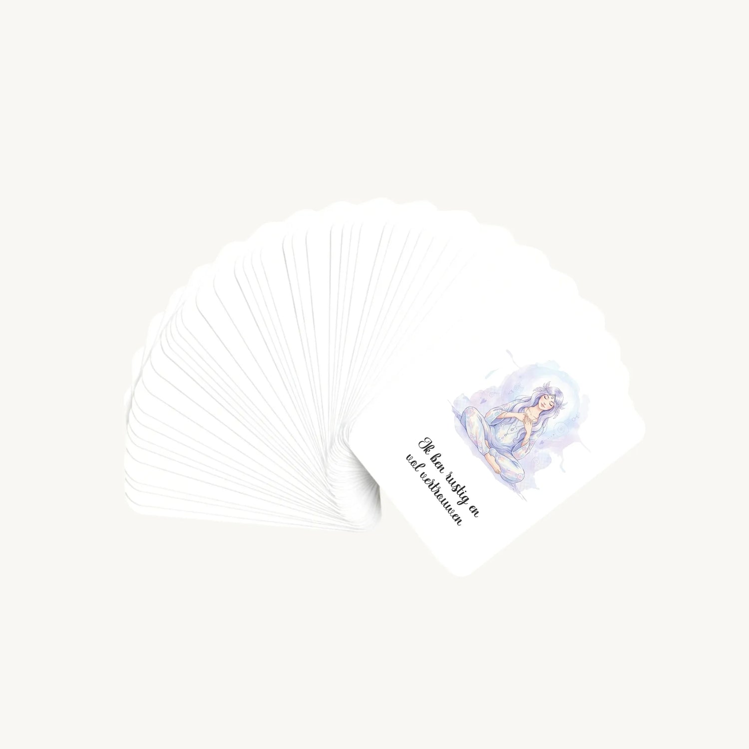 Waaier van 30 dreamy boho aquarelkaarten met korte affirmaties over bevalling, waarbij alleen de bovenste illustratie zichtbaar is, in een rustgevende en verfijnde stijl.