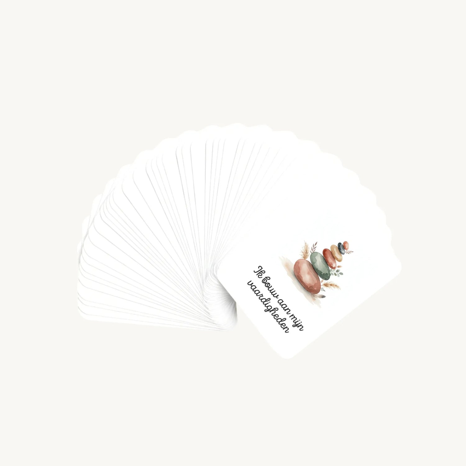 Waaier van 30 dreamy boho aquarelkaarten met korte teksten, waarbij alleen de bovenste illustratie zichtbaar is, met een rustige en verfijnde sfeer.