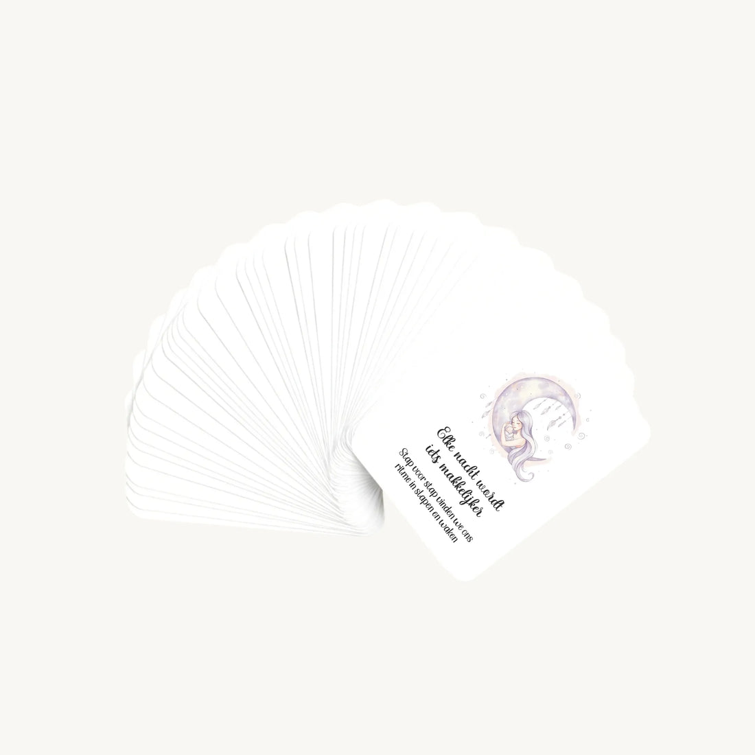Waaier van 30 dreamy boho aquarelkaarten met affirmaties en subtekst voor na de bevalling, waarbij alleen de bovenste kaart zichtbaar is, in een rustgevende en verfijnde stijl.
