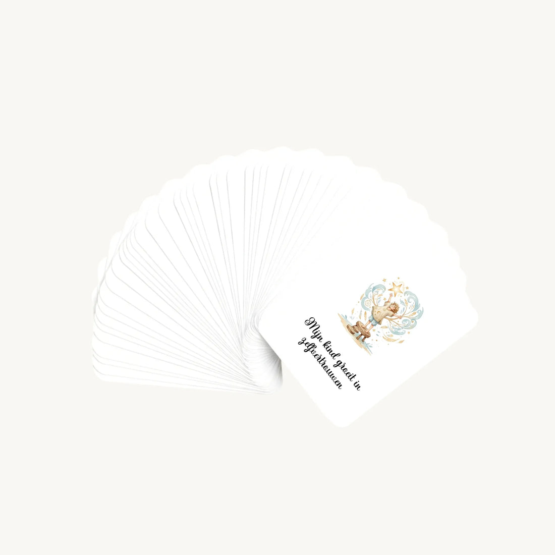 Waaier van 30 dreamy boho aquarelkaarten met korte affirmaties over het opvoeden van kleuters, waarbij alleen de bovenste illustratie zichtbaar is, in een zachte en harmonieuze stijl.