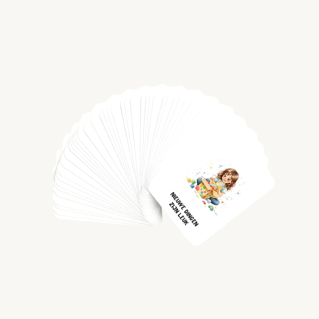 Waaier van 30 aquarelkaarten voor kleuters, waarbij alleen de bovenste illustratie zichtbaar is, in zachte meisjesachtige tinten met een dromerige sfeer.