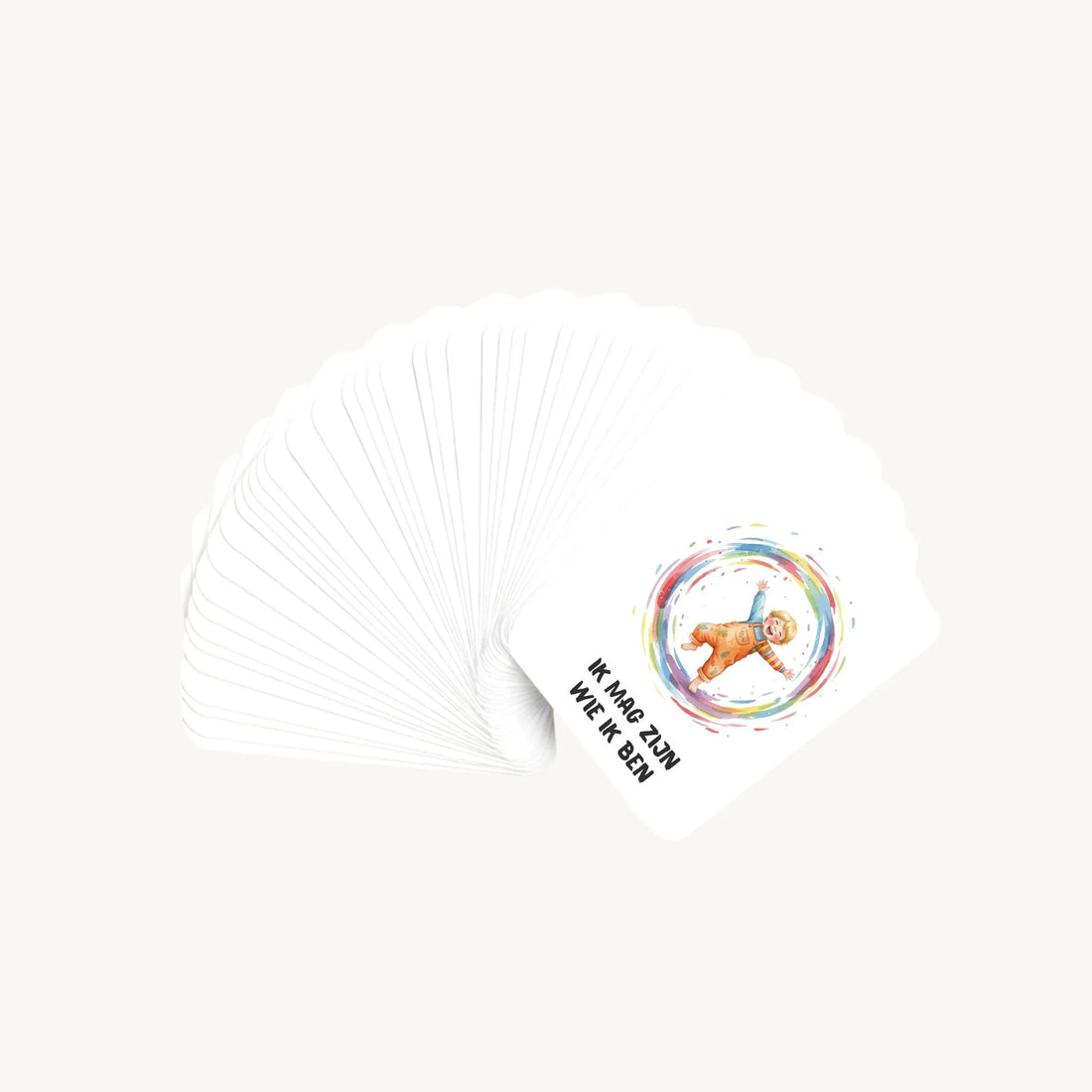 Waaier van 30 aquarelkaarten voor pleuters, waarbij alleen de bovenste illustratie zichtbaar is, in zachte jongensachtige kleuren met een kalme en speelse uitstraling.