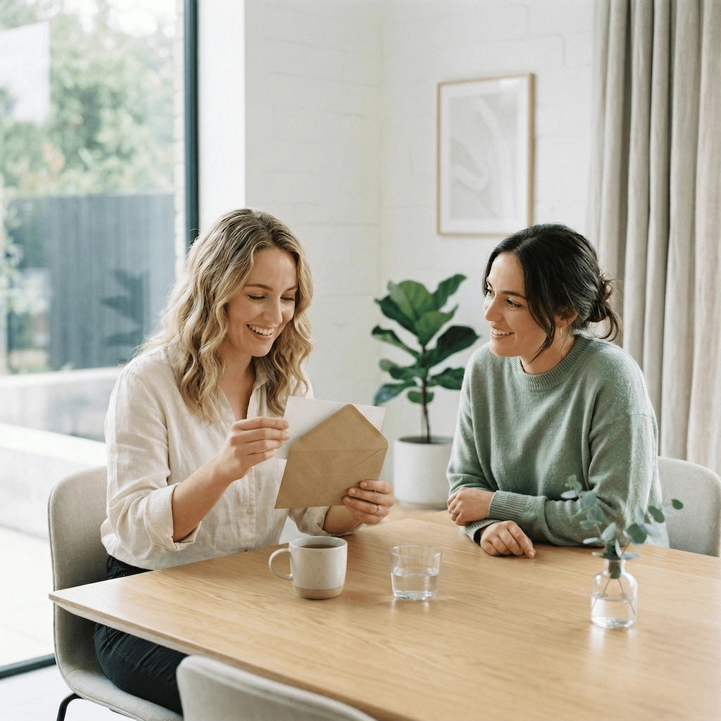 Twee vrouwen die een envelop uitwisselen, symbool voor verbinding en oprechte aandacht.