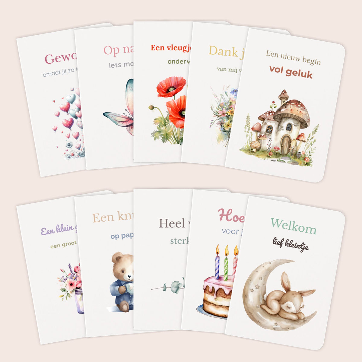 Complete wenskaartenset met tien verschillende kaarten voor meerdere gelegenheden