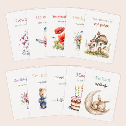 Complete wenskaartenset met tien verschillende kaarten voor meerdere gelegenheden